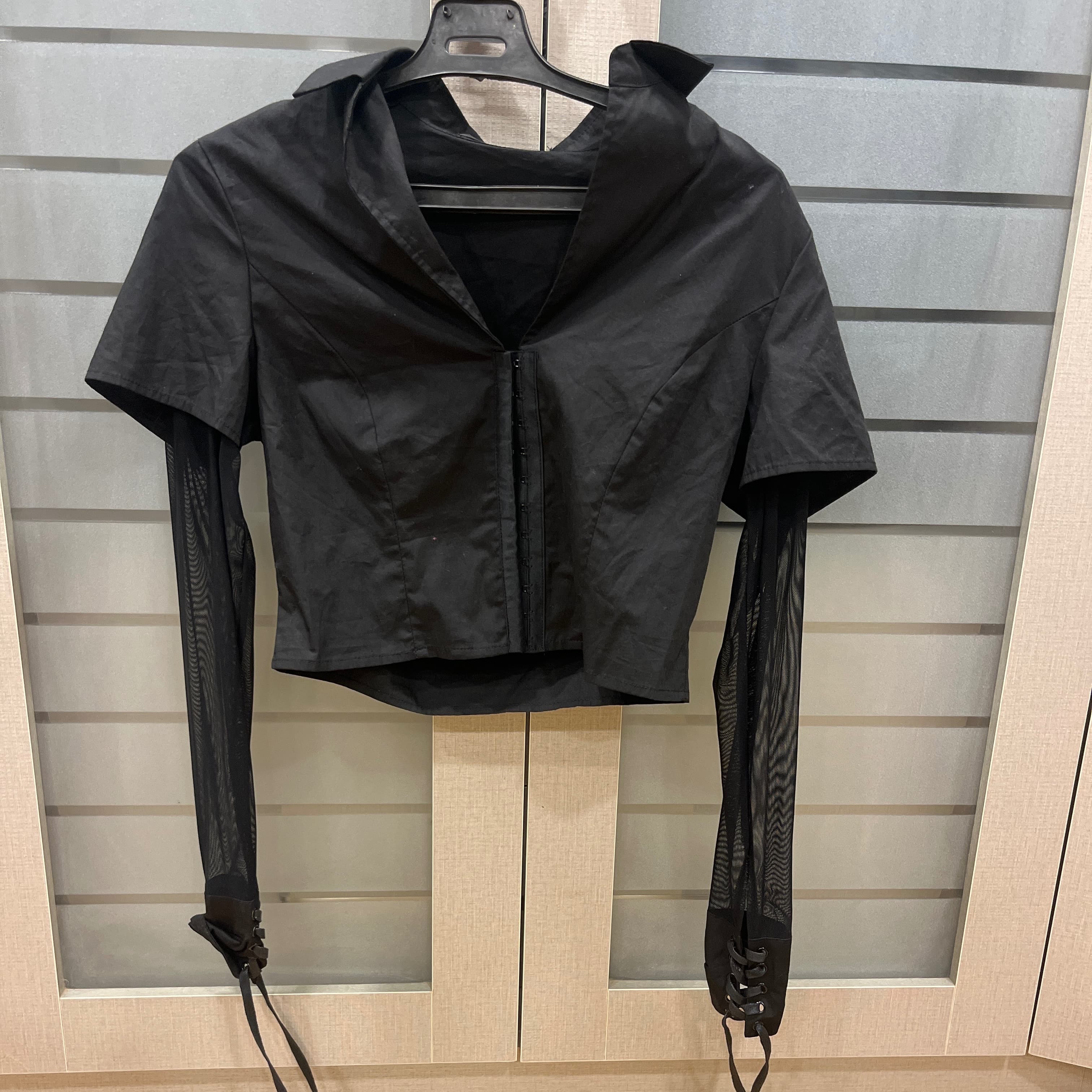Black half sleeve top with mesh sleeves